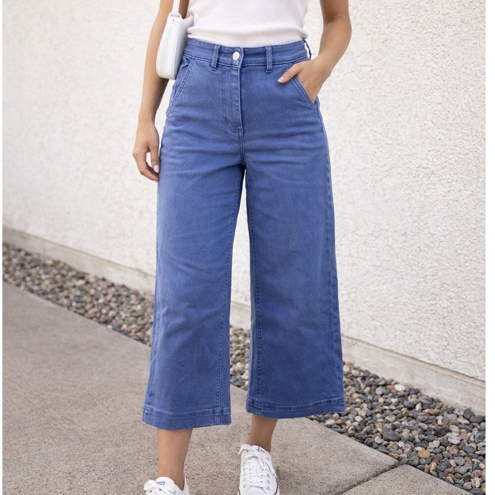 Everlane Cobalt Blue High Rise Organic Cotton Cropped Wide-Leg Jeans Size 0